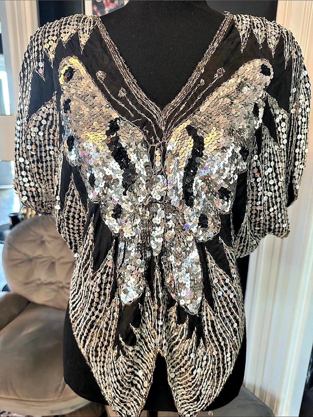 Vintage Sequin Butterfly Blouse in Black & Silver small
